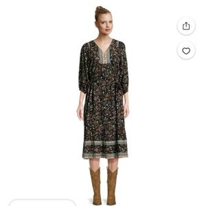 BeachLunchLounge Black Floral Puff Sleeve Midi Maxi Dress Tie Waist Boho XS NWT